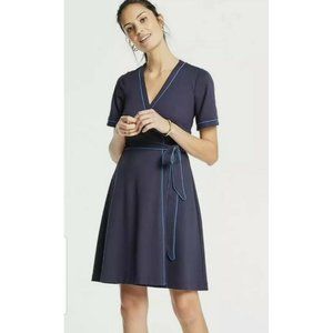 ANN TAYLOR Navy Blue Piped Flutter Sleeve Knit Wrap Dress Size 6 Petite New NWT
